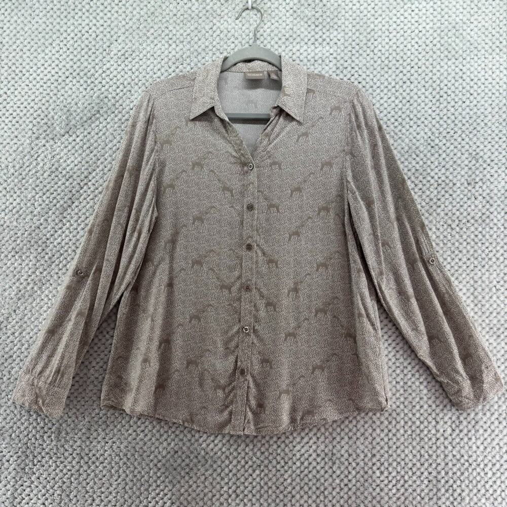 Chicos Top Womens 0 S/4 Tan Giraffe Safari Print Button Front Long Sleeve Collar
